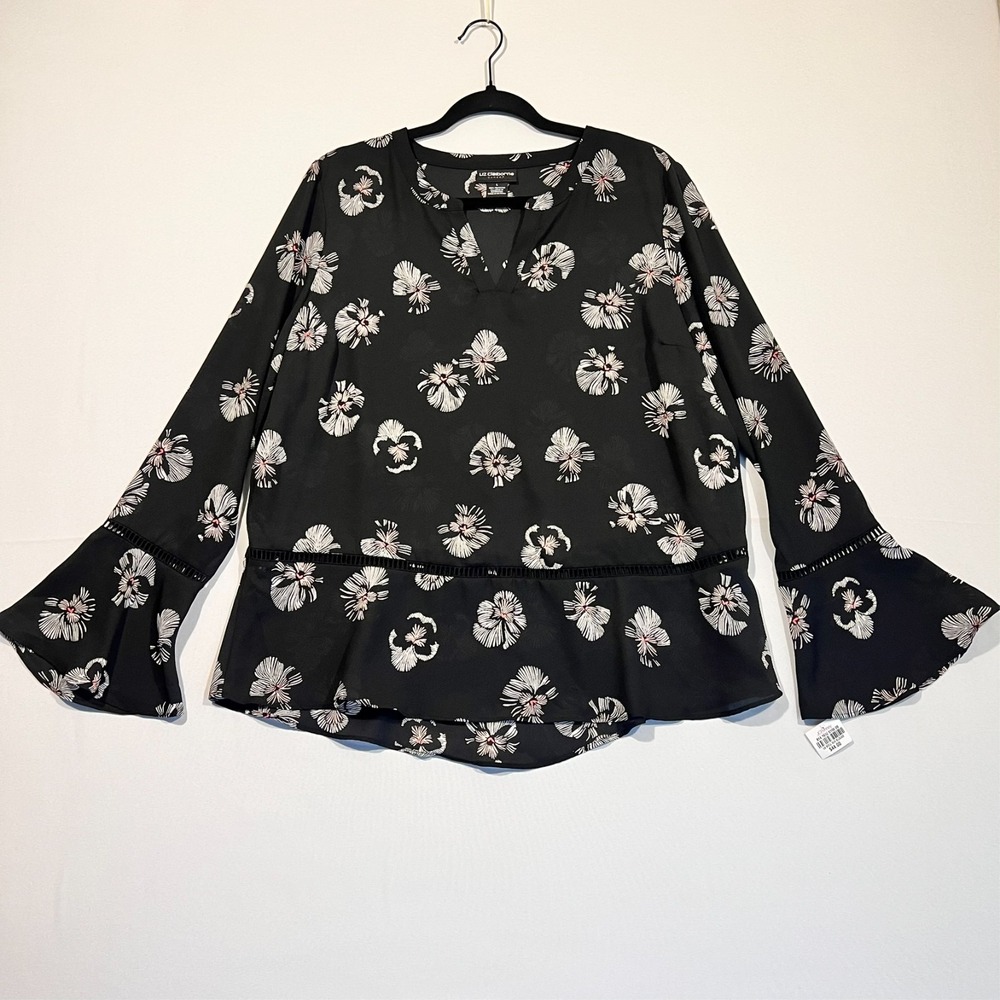 Liz Claiborne Career Top Blouse Sheer Black Long Sleeve‎ Floral Women's Large